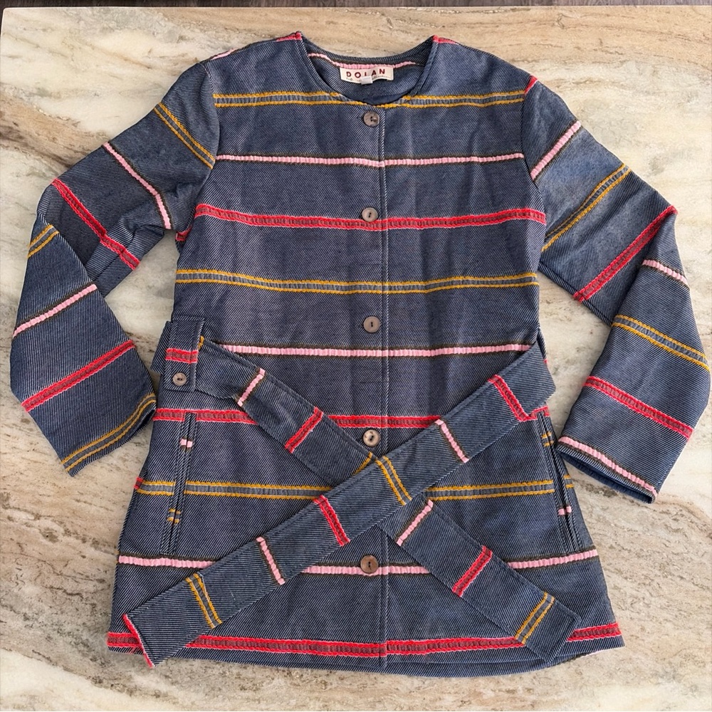 Anthropologie Dolan Left Coast Piccadilly Belted Striped Blue Coat Medium (M)